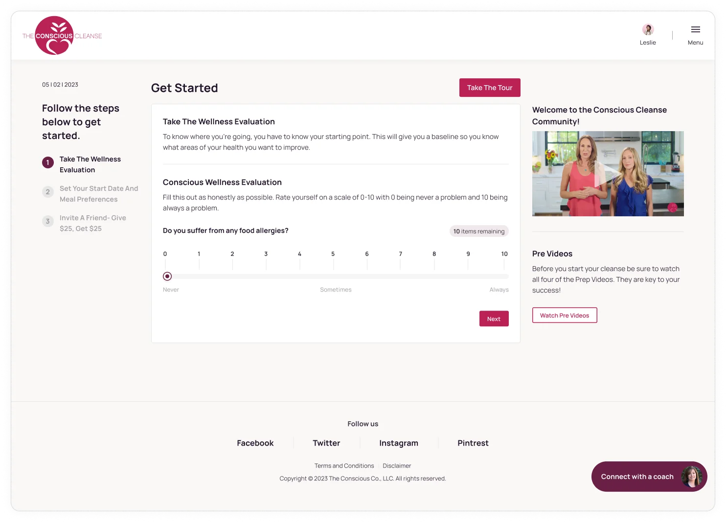 Conscious cleanse Take The Wellness Evaluation tour guide UI