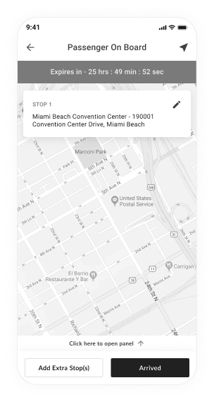 MiRide Mobile App wireframe for passenger on board map location