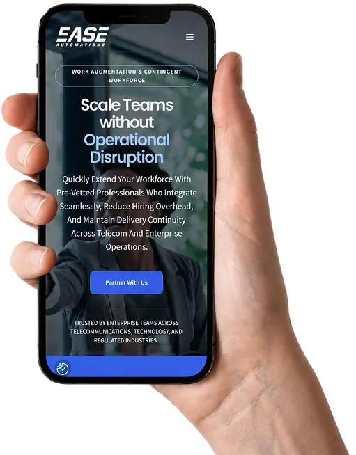 Hand holding EASE Automations mobile site