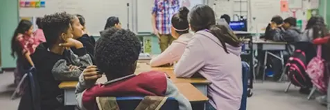 Students in a modern blended learning classroom